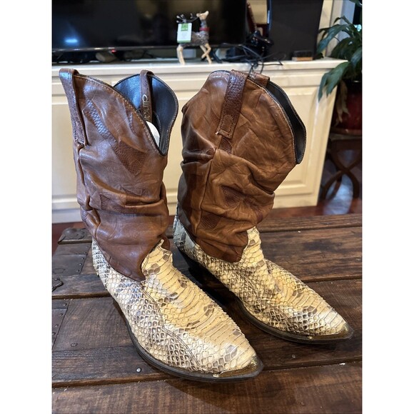 Dingo Western Brown Cowboy Snakeskin Leather Slouch Boots Toe Guard Women’s 11D - Picture 1 of 5